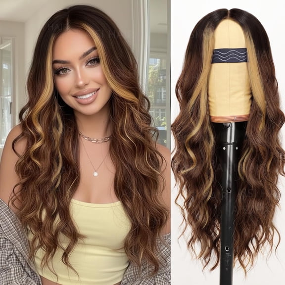 JOFMWIX Beginner Friendly Wigs Brown Highlight Wig for Women, Long Wavy Lace Hairline Middle Part Synthetic Heat Resistant Wig for Daily Party-26 Inch