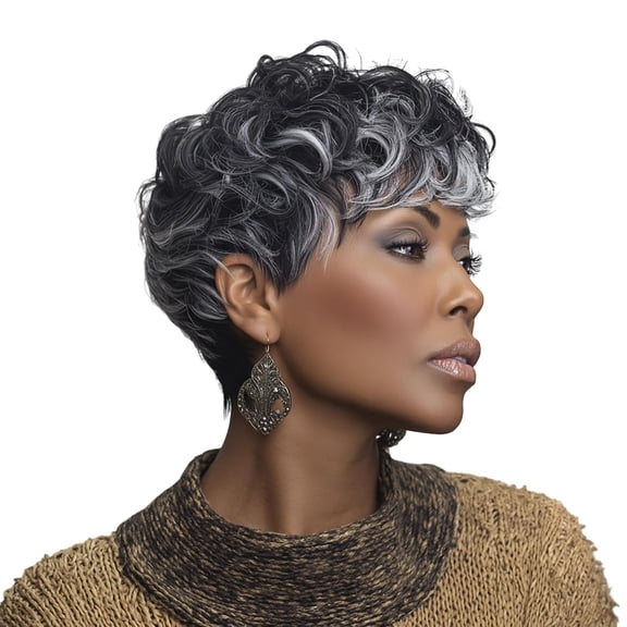 JOFMWIX Black and Gray Two Tone Color Short Hair Wigs for Black Women | 6 inch Short Curly Wigs for Black Women Synthetic Hair Wigs Natural Wavy Black Pixie Cut Wig Layered Pixie Wig for Women
