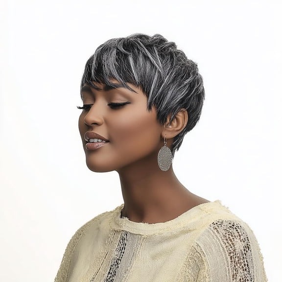 JOFMWIX Black and Gray Two Tone Color Short Pixie Wigs for Black Women | 6 inch Short Straight Synthetic Hair Wigs for Black Women Natural Wavy Black Pixie Cut Wig Layered Pixie Wig for Women
