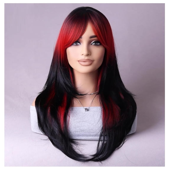 JOFMWIX Black Red Women Wigs Long Wavy Wig with Bangs Ombre Color Curly Synthetic Layered Wigs for Daily Use Wigs Wig Cap Included