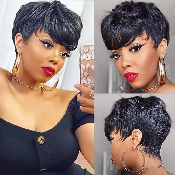 JOFMWIX Blonde Pixie Short Cut Bob Wig With Bangs - Wavy Human Hair Wig/Brazilian Straight Wig/For Women & Girls