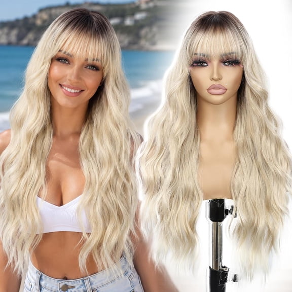 JOFMWIX Blonde Wig with Bangs Long Body Wavy Wigs for Women Blonde with Dark Roots Synthetic Curly Wigs for Daily Party Cosplay Use 26 Inch
