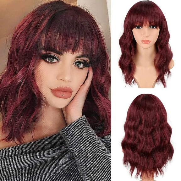 JOFMWIX Bright Red Short Curly Bangs Wig, 17 Inch Synthetic Fiber, Adjustable Cap, Heat Resistant up to 120C, for Cosplay, Halloween, Party & Daily Use