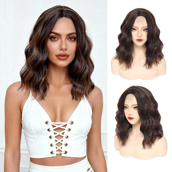 JOFMWIX Brown Mix Copper Bob Wig 14 Inch Short Wavy Shoulder Length Wave Wig for Women Middle Part Natural Looking Heat Resistant Synthetic Wig Soft Curly Hair for Daily Party Cosplay