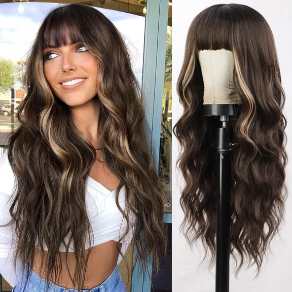 JOFMWIX Brown Mixed Gold edge Wig With Bangs Long Wavy Curly Ombre Dark Root Syn