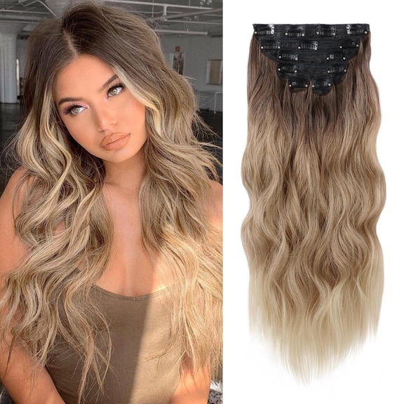 JOFMWIX Clip in Hair Extension 24 Inch Omber Blonde 6PCS Long Wavy Curly Hairpieces for Women Natural Thick Synthetic Fiber Double Weft Hair Full Head