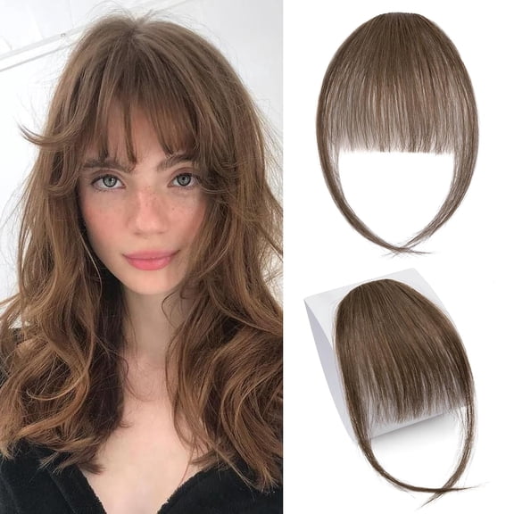 JOFMWIX Clip in Bangs Human Hair Thin Air Bangs Extension with Temples 1 Clip One Piece Bangs Hairpieces For Women(Medium Brown)