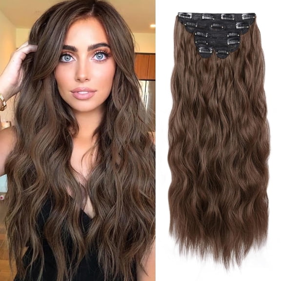 JOFMWIX Clip in Hair Extension 24 Inch 6PCS Dark Brown Long Wavy Hairpieces for Women Natural Thick Synthetic Fiber Double Weft Hair Full Head