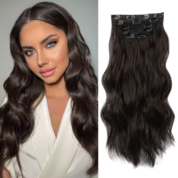 JOFMWIX Clip in Hair Extension Brown Black Long Wavy Curly Hairpieces for Women 20 Inch 6PCS Natural Thick Synthetic Fiber Double Weft Hair Full Head