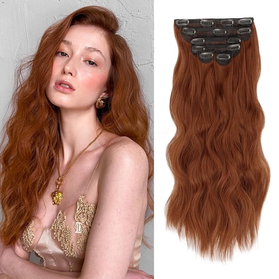 JOFMWIX Clip in Hairpieces 20 Inch Auburn Long Wavy Curly 6PCS Hairpieces for Women Natural Thick Synthetic Fiber Double Weft Hair Full Head