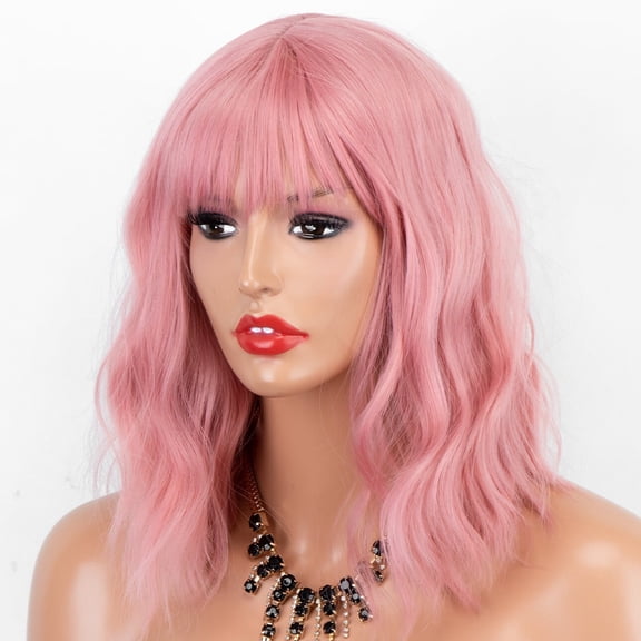 JOFMWIX Cosplay Pastel Pink Shoulder Length Short Bob Wavy Heat OK Fiber Hair None Lace Synthetic Wigs with Full Bangs