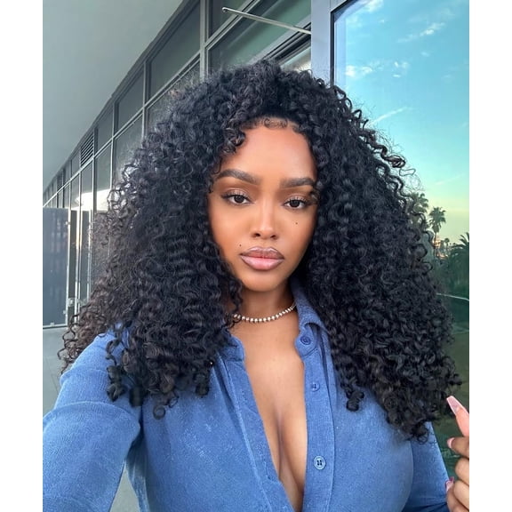 JOFMWIX Curly Half Wig, 3-in-1 Glueless Wig 18inch Protein Synthetic with Human Hair Feel 180% Density Ready-to-Wear for Daily Use/Beginner Friendly (Color: Protein Synthetic Hair-2B)