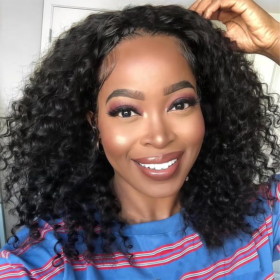 JOFMWIX Curly Half Wig Human Hair 3 In 1 Seamless Flip Over Half Wigs Human Hair 200 Density Glueless Wear and Go Deep Wave Headband Wig Human Hair Drawstring Wigs for Black Women 16 Inch