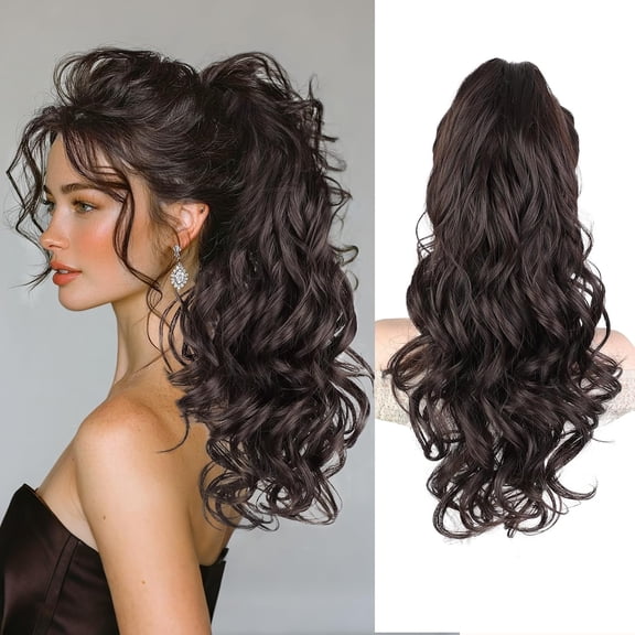JOFMWIX Dark Brown Ponytail Extension, 20 inch Long Wavy Curly Claw Clip Ponytail Hair Extensions, Natural Synthetic Hairpiece for Women Daily Wear