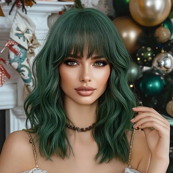 JOFMWIX Dark Green Wavy Bob Wig with Bangs for Women, 14 Inch Shoulder Length Short Green Wig, Heat Resistant Loose Wave Hair for Daily Wear Party Cosplay