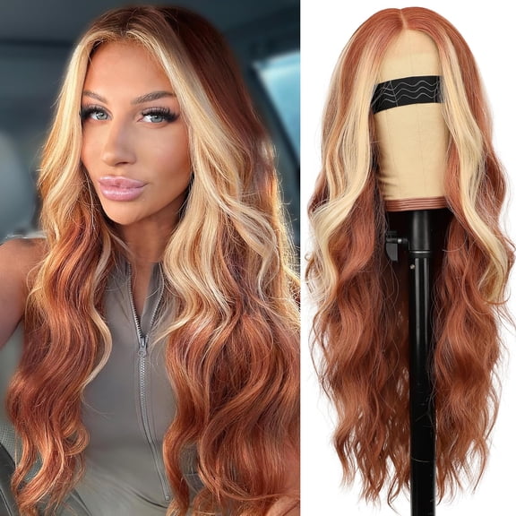 JOFMWIX Ginger Mixed Blonde Wig for Women, Long Wavy Lace Hairline Middle Part Synthetic Wig for Daily Party-26 Inch