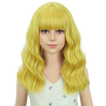 JOFMWIX Girls Golden Blond Short Curly Wavy Wigs with Bangs Blond Shoulder Length Wavy Heat Resistant Synthetic Wig