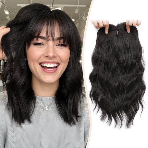 JOFMWIX Hair Topper,14inch Hair Pieces for Women, Natural Looking Synthetic Wavy Wispy Clip in Bangs, 6.5x6.5 Base Full Coverage Fit Comfortabale, Perfect for Daily Using/Party