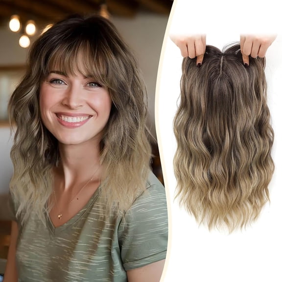 JOFMWIX Hair Topper,Wavy Hair Toppers for Women 14inch Natural Looking Hairpiece with Wispy Bangs, Volume Booster Wiglet for Full Coverage, Quick Styling for Party/Date Night/Social/Content Creators
