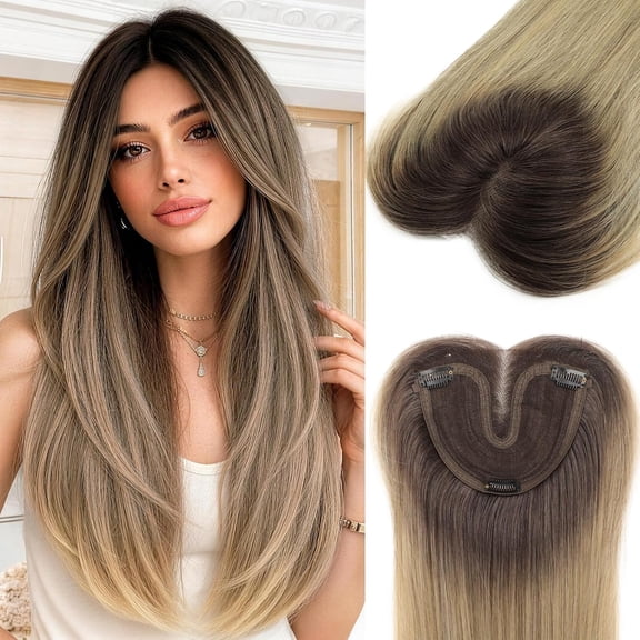 JOFMWIX Hair Toppers for Women with Thinning Hair, 24 Inch Synthetic Clip in Topper Hair Extensions with Adjustable Band, Layered Wiglet Adds Volume and Natural Coverage (Dark Root Ash Blonde)