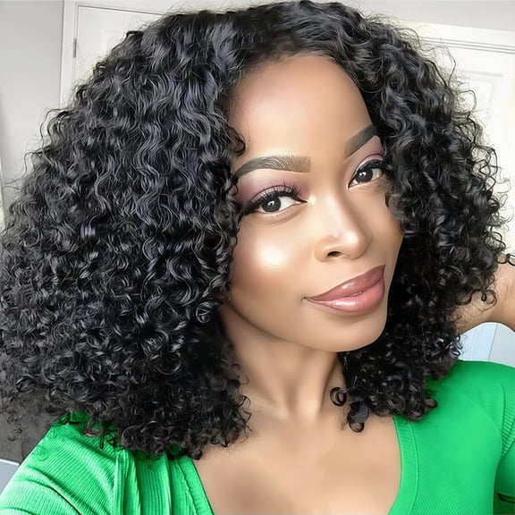 JOFMWIX Half Wig Human Hair Deep Wave 14 Inch Curly Half Wig Drawstring Seamless Flip Over 3 In 1 Half Wigs for Black Women Headband Wig Human Hair Beginner Friendly