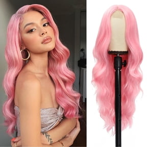 JOFMWIX Halloween Long Pink Wigs 26 Inch Curly Wigs for Women Wavy Middle Part Natural Looking Synthetic Lace Front Wig for Daily Cosplay Party Use, Pink