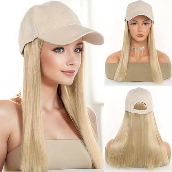 JOFMWIX Hat Wig, Distressed Baseball Cap Wigs with Hair Extension Attached for Women, Adjustable Vintage Plain Washed Beige Hat with Short BOB Hair, 6inch Highlighted Platinum Mixed Honey Blonde