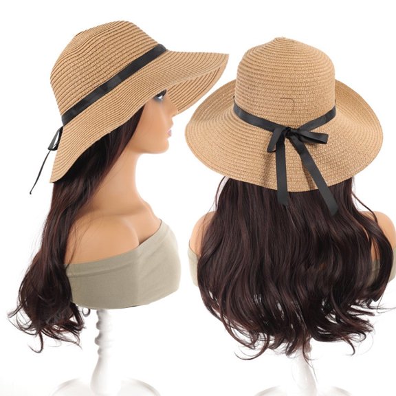 JOFMWIX Hat Wig for Women, Detachable Hat with Long Wavy Synthetic Hair, Hat with Hair Attached for Women, Removable Wig with Hat, Summer Beach Hat Wigs for Women-Deep Blonde with Highlight