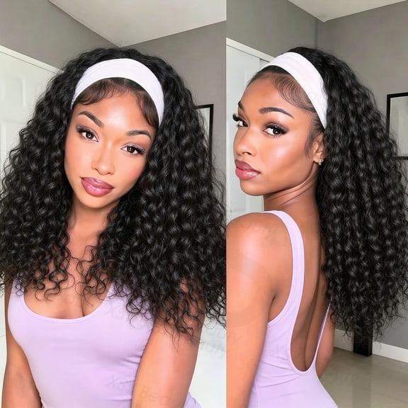 JOFMWIX Headband Wig Human Hair Deep Wave 16 Inch Glueless Wigs for Black Women Curly Hair Natural Black Colour