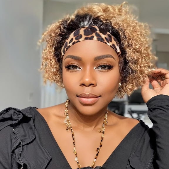 JOFMWIX Headband Wig Human Hair Wigs for Black Women Blonde Ombre Pixie Cut Wig Human Hair Put on and Go Glueless Wig Curly Headband Wigs 150% Density Natural Black 8 Inch,T27