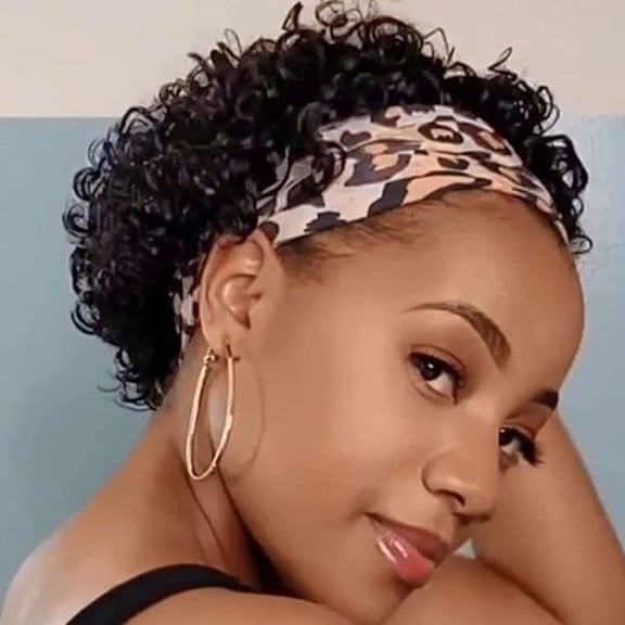 JOFMWIX Headband Wig Human Hair Wigs for Black Women Pixie Cut Wig Put on and Go Glueless Wig Short Curly Headband Wigs 150% Density Natural Black 6 Inch
