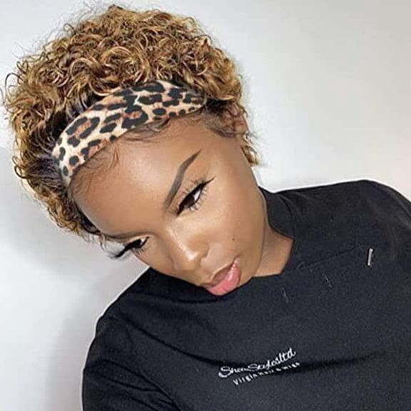 JOFMWIX Headband Wigs Human Hair for Black Women Blonde Ombre Pixie Cut Headband Wig Put On and Go Glueless Human Hair Wig with Headband,150% Density 6inchT27