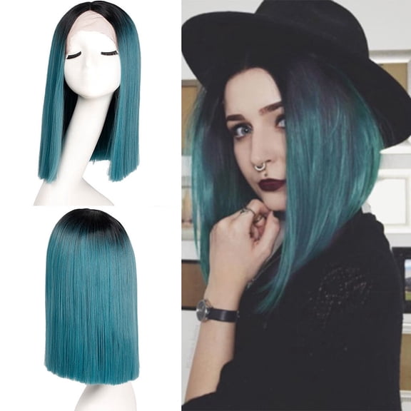 JOFMWIX Heat Resistant Synthetic Lace Front Wig - Long Straight Bob Ombre Green Wig for Women, 14 inch, Adjustable Cap, Natural Look