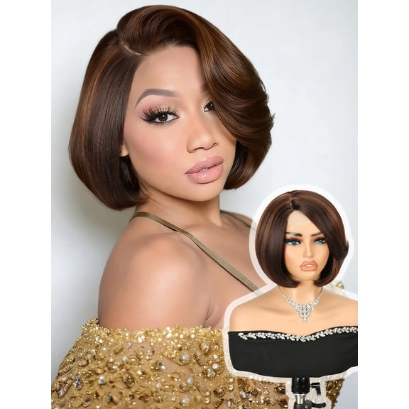 JOFMWIX Highlight Bob Wig Layered Cut Mixed Brown Side Part Short Straight Glueless Bob Wigs for Women Realistic Hairline Synthetic Heat Resistant Fiber Hair