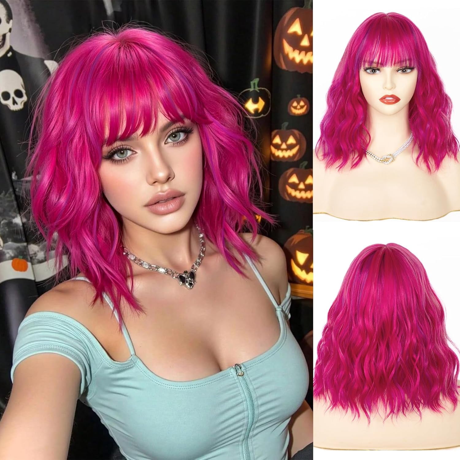 New wig Pink Purple ombre bob wave beach bangs long shoulder short neon Ombre Pink Bob Wig - Etsy Canada main image 2