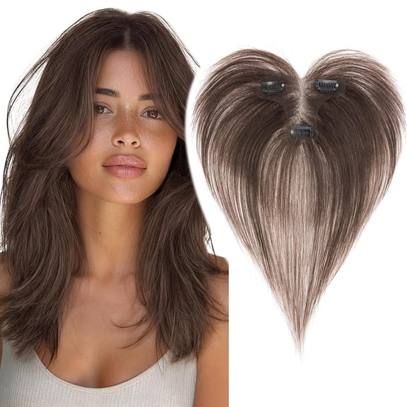 JOFMWIX Human Hair Toppers for Women Real Human Hair with Side Bangs Hand-Tied Thin Light Weight 9 * 12CM Lace Base Clip in Remy Hairpieces 11 Inch Chocolate Brown