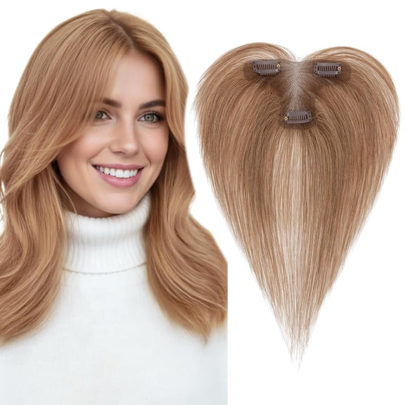 JOFMWIX Human Hair Toppers for Women Real Human Hair with Side Bangs Hand-Tied Thin Light Weight 9 * 12CM Lace Base Clip in Remy Hairpieces 11 Inch Light Brown