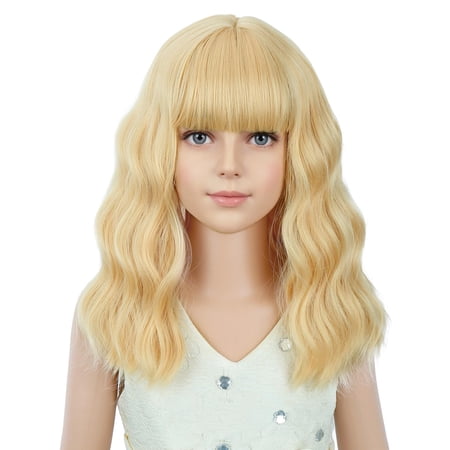 JOFMWIX Light Blonde Wig for Kids Girls Short Butter Blond Curly Wigs with Bangs Shoulder Length Wavy Heat Resistant Synthetic Wig