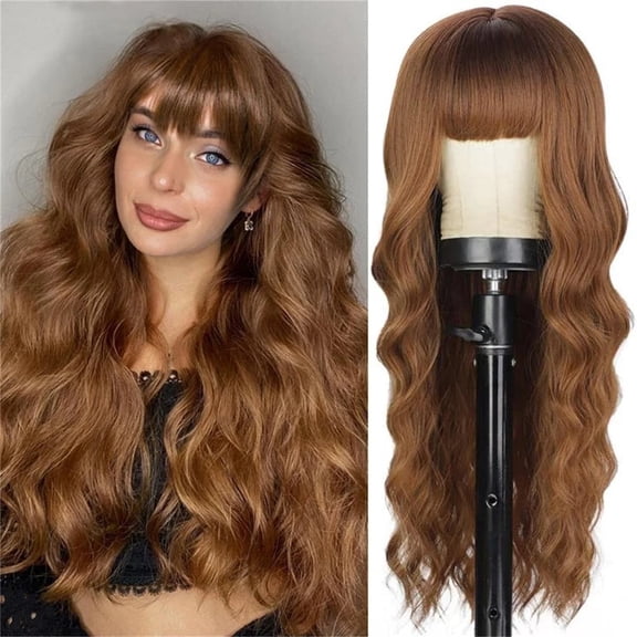 JOFMWIX Long Blonde Wavy Wig with Bangs, Ombre Dark Root, Heat Resistant Synthetic Hair, Breathable Cap with Adjustable Straps for Women