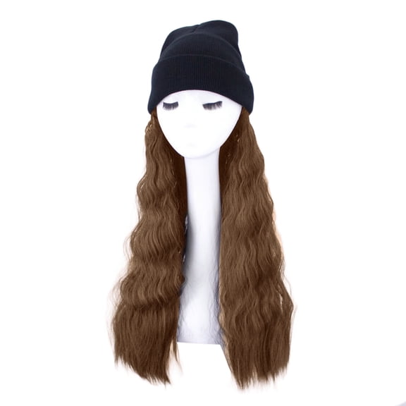 JOFMWIX Long Curly Hair Hat Wig, Knit Wool Curl Corn Perm, Soft & Natural, 65cm Length for Women, Adds Volume & Highlights