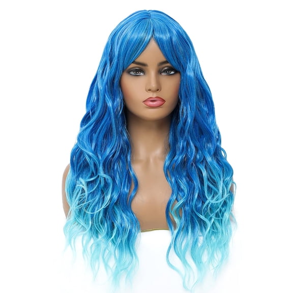 JOFMWIX Long Curly Wavy Wig with Bangs Synthetic Hair Wig for Women with Wig Cap (Teal Blue Ombre)