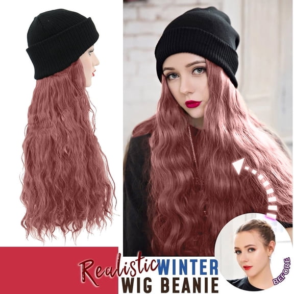 JOFMWIX Long Curly Wig Hat Hooded Wig Winter Cap for Women - Cotton Beanie Hat with Attached Hair, 28 Inch High Temperature Silk, Natural Look, Casual Chemotherapy Patient Wig, Easy to Wear