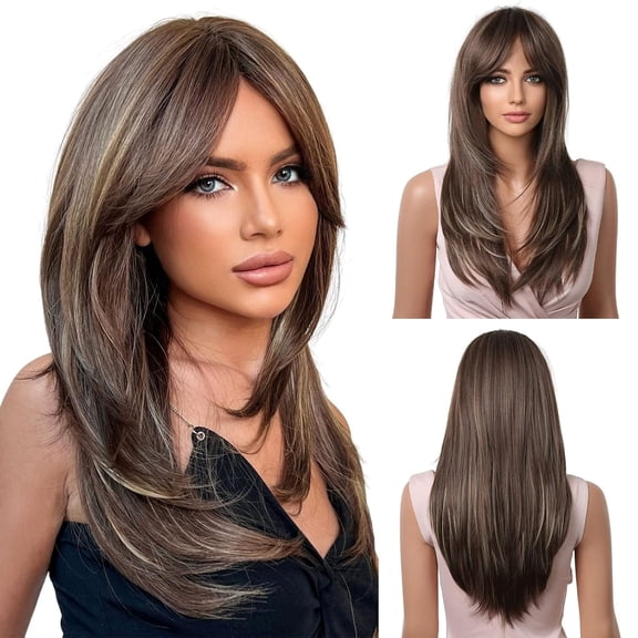 JOFMWIX Long Layered Synthetic Hair Wig for Women with Bangs - Heat-Resistant Fibers, Simulation Scalp, Adjustable Cap, Natural Look for Daily Wear & Parties