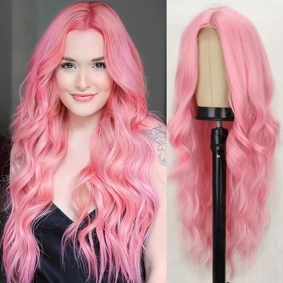 JOFMWIX Long Pink Wavy Wig for Women Light Pink Curly Hair Wig with Middle Part Synthetic Curly Long Wigs for Girls Cosplay Party Use