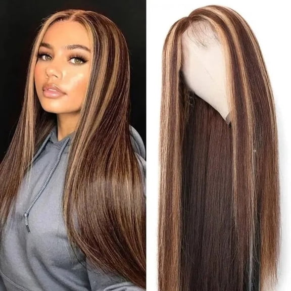 JOFMWIX Long Straight Brown Mixed Blonde Synthetic Wig for Women, Middle Part Highlights, Adjustable & Breathable Cap for Cosplay, Party, Daily Wear