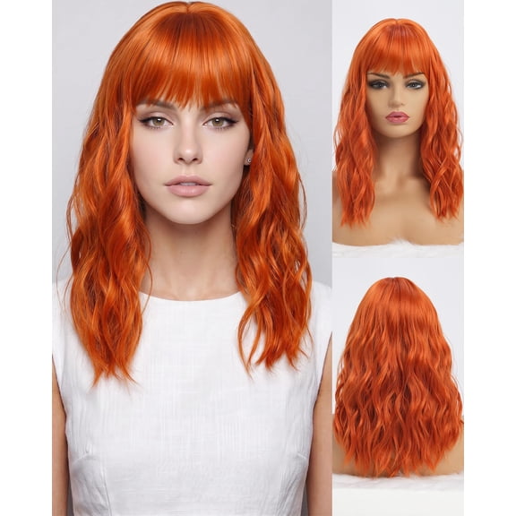JOFMWIX Long Wavy Orange Wigs with Bangs for Women Synthetic 16 inch Medium Length Wig with Natural Fringe Water Wave Heat Resistant Hair for Daily Party Cosplay Anime Halloween Use (16 inch)