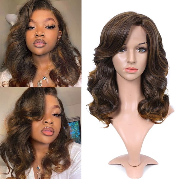 JOFMWIX Loose Wave Lace Part Wig Mixed Brown Nature Curly Synthetic Heat Resistant Weave Full Wigs for Women