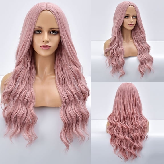 JOFMWIX Medium Length Curly Pink Wave Wig - Natural Synthetic Hair, Adjustable Cap, Comfortable for Daily Wear, Halloween, Parties & More