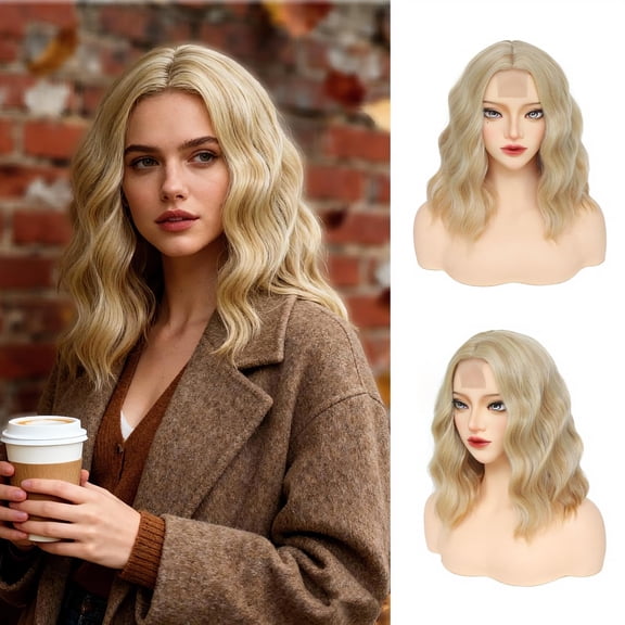 JOFMWIX Mixed Blonde Bob Wig 14 Inch Short Wavy Shoulder Length Wave Wig for Women Middle Part Natural Looking Heat Resistant Synthetic Wigs Soft Curly Hair for Daily Party Cosplay