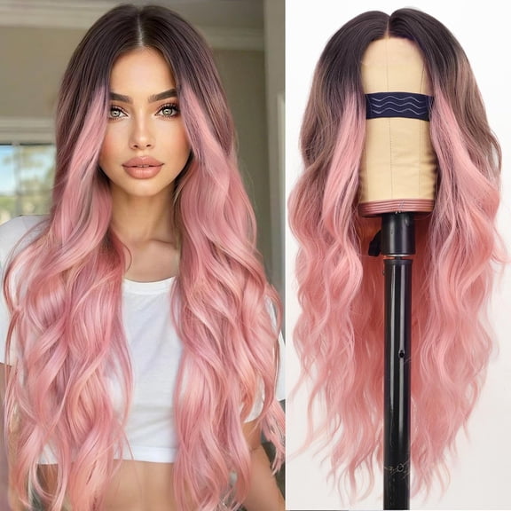 JOFMWIX Ombre Pink Wig for Women, Long Wavy Lace Hairline Middle Part Synthetic Heat Resistant Wig for Daily Party-26 Inch